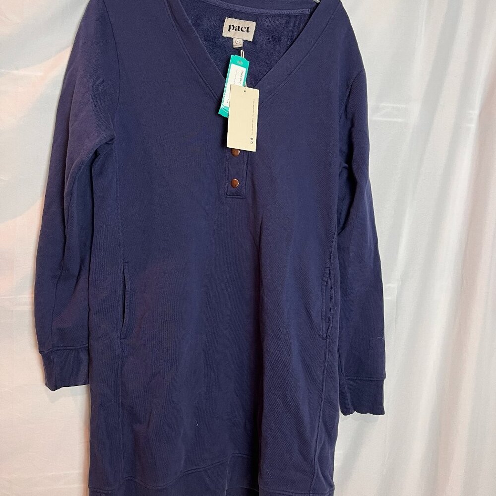 Women's Blue PACT Henley neck long sleeve dress w/pockets Size L, NWT